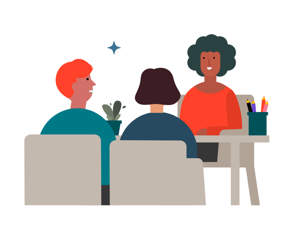 Tre personer i ett möte.