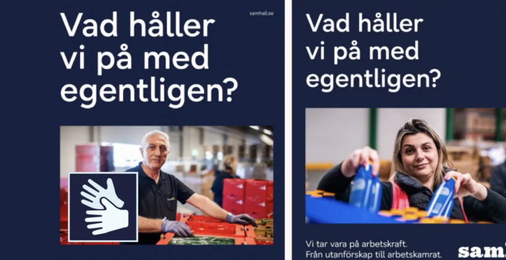 Samhalls reklamkampanj med ikonen för teckenspråk och budskapet "Vad håller vi på med egentligen?".