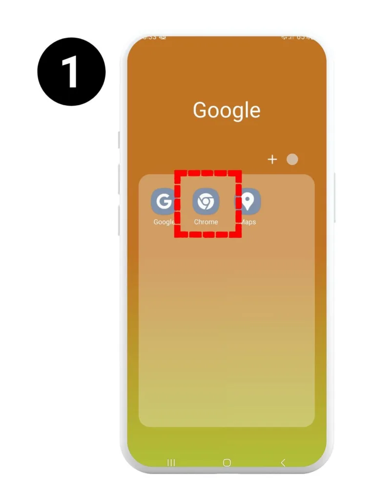 Startsida på Androidmobil. Google Chrome är markerat med en röd fyrkant.