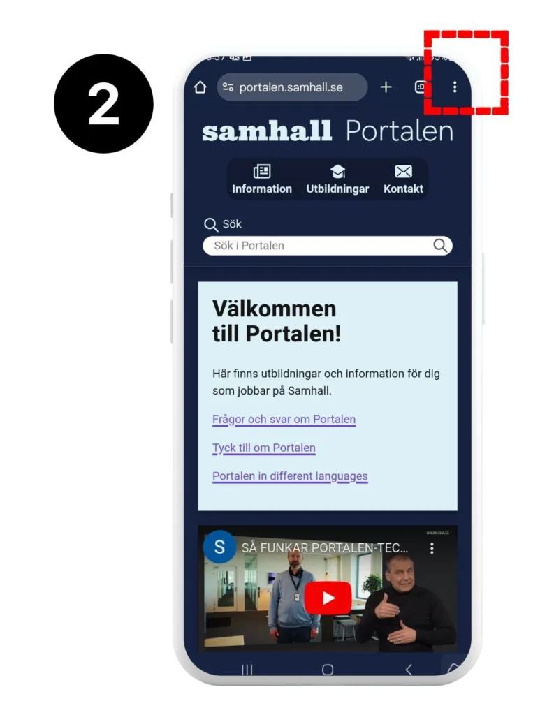 Skärmvy Androidmobil. Menyknappen, prickarna i det övre högra hörnet, är markerade med röd fyrkant.