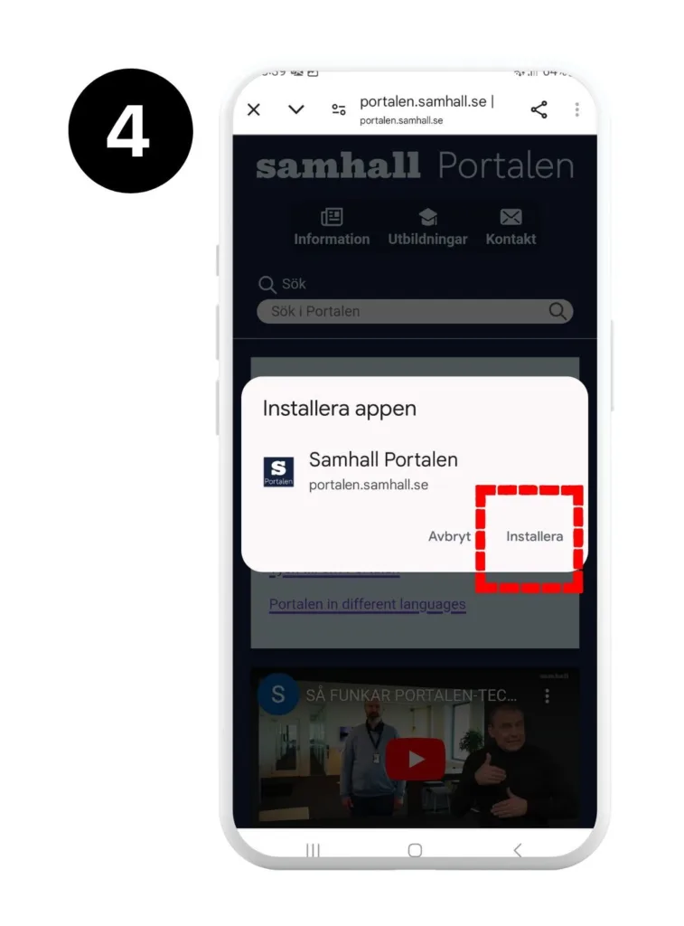 Skärmvy Androidmobil. Texten "Installera" är markerad med en röd fyrkant.