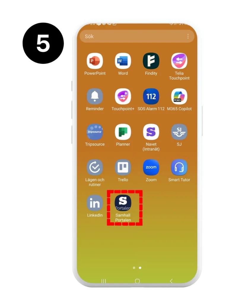 Skärmvy Androidmobil. Ikonen för Portalen ligger som en "app"- markerad i en röd fyrkant - på mobilens startskärm.