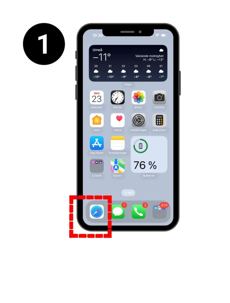 Skärmvy Iphone. Ikonen för Safari är markerad med en röd fyrkant.