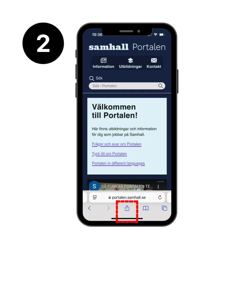 Skärmvy Iphone. Delningsikonen är markerad med en röd fyrkant.
