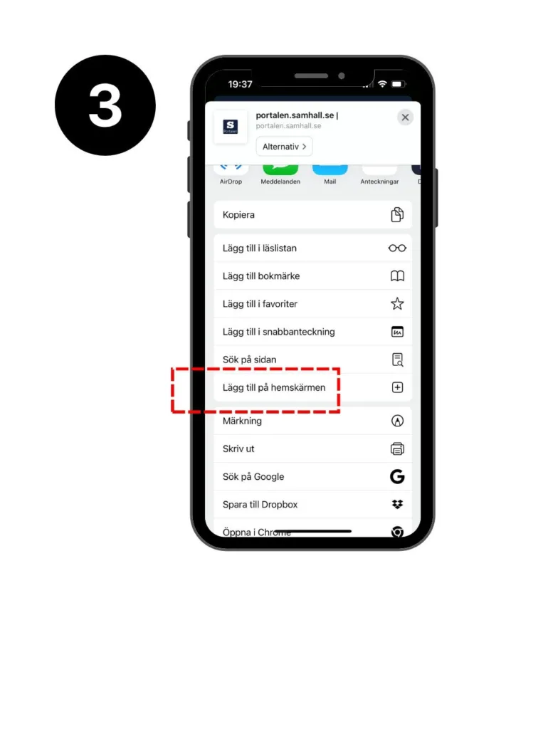 Skärmvy Iphone. Texten "Lägg till på hemskärmen" är markerad med en röd fyrkant.