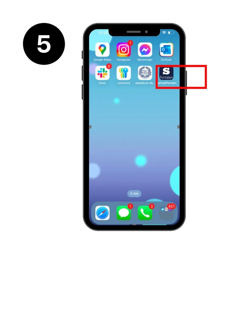 Skärmvy Iphone. Ikonen för Portalen ligger som en "app" på mobilens startskärm.