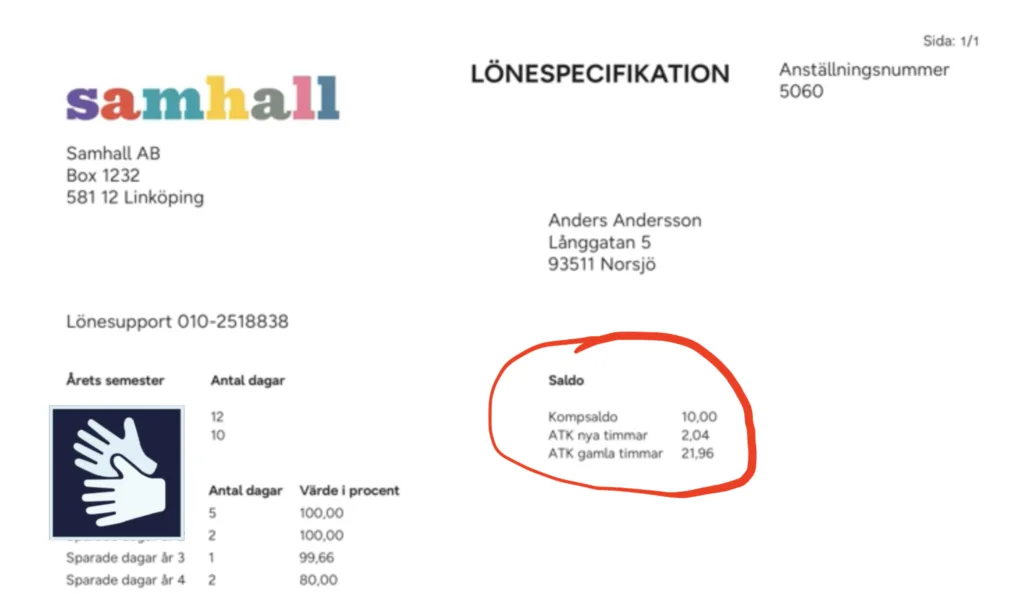 Lönespecifikation med markering runt saldo för ATK samt ikon för teckenspråkstolkning