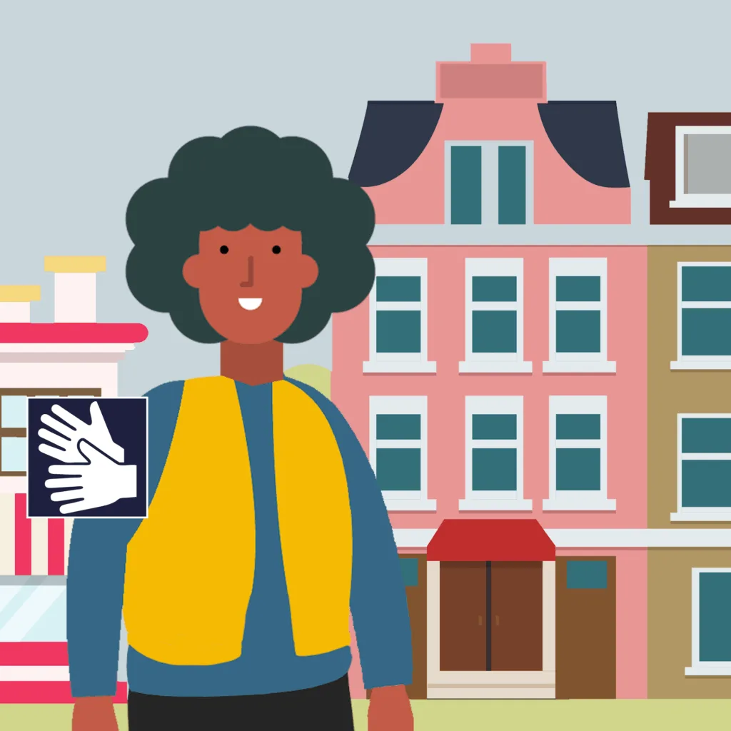 Huvudkaraktär framför skolbyggnad. teckenspråksikon.