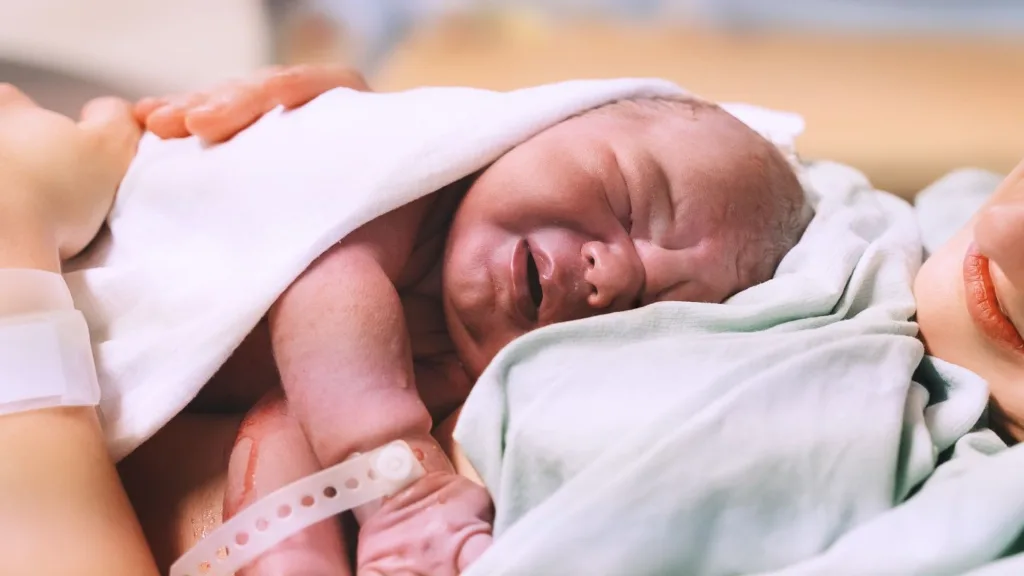 En nyfödd bebis ligger invirad i en vit filt på sin mammas bröst.