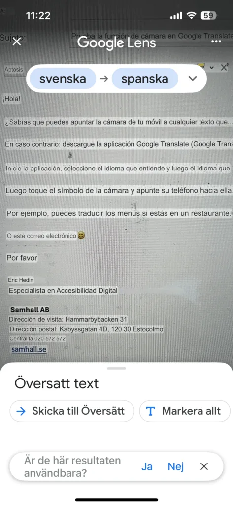 Google Översätts app med kamerafunktionen för att översätta en svensk text till spanska.