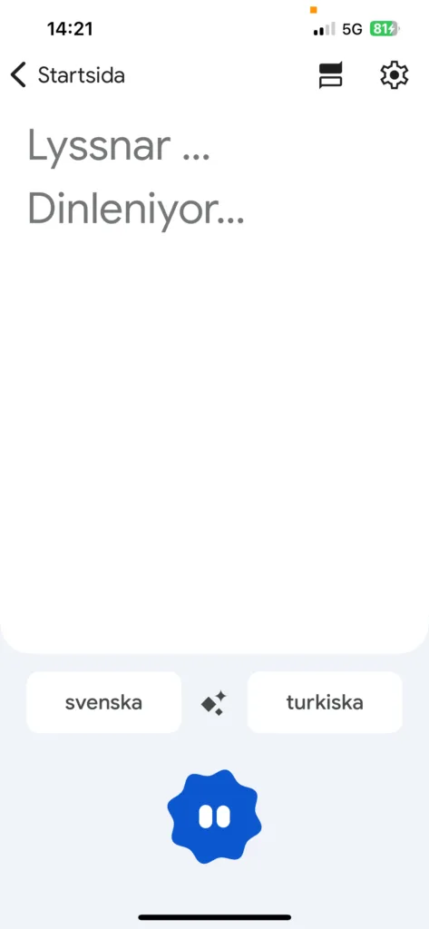 Skärmbild från appen Google Översätt där funktionen Konversation är aktiverad och språken svenska och turkiska har valts.