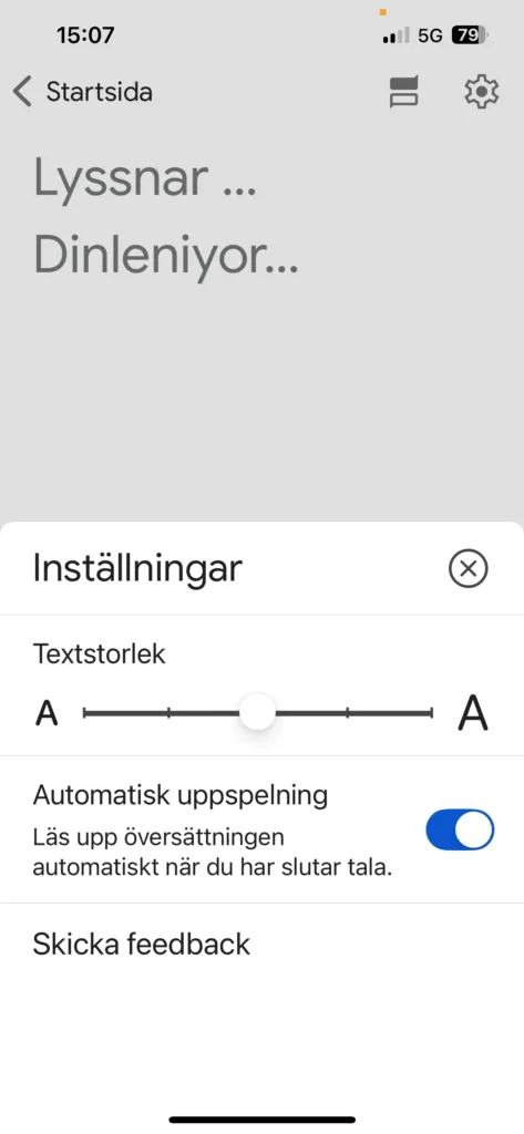 Skärmbild av inställningssidan i appen Google Översätt där funktionen Konversation används.