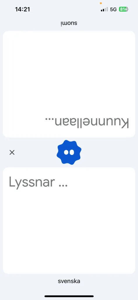 Skärmbild från appen Google Översätt där funktionen Konversation används på svenska och turkiska.