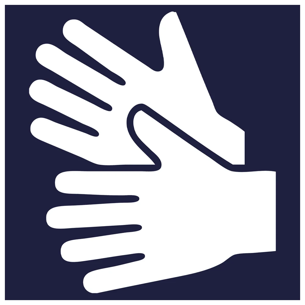 Teckenspråksikon. Två vita händer mot mörkblå botten.